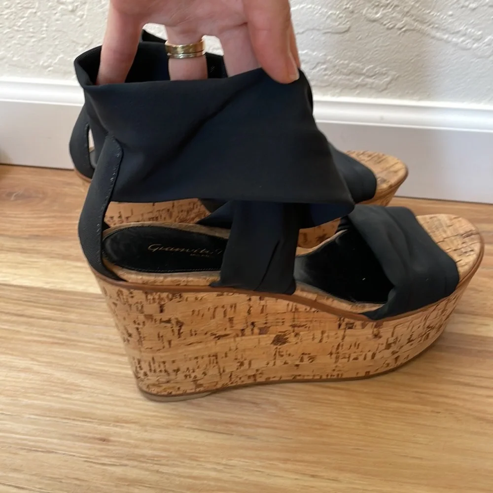 Gianvito Rossi wide black strap Cork wedges size 38